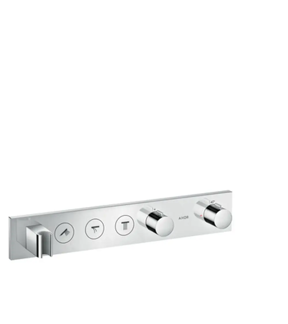 Thermostatmodul von AXOR mit drei Steuerknöpfen und Symbolen für verschiedene Funktionen, montiert auf schmaler, verchromter Metallplatte.